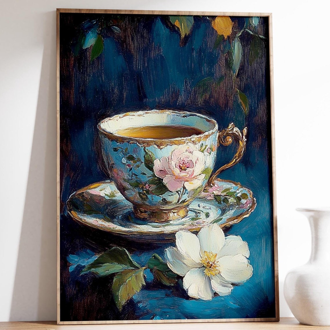 Vintage Teacup Print Antique Floral Print English Porcelain Teacup Art Flower Poster Botanical Print White Flower Art Large Wall Art