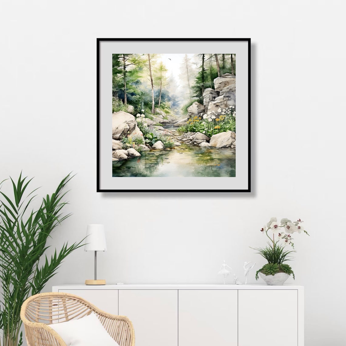 Misty Stream Through Boulders Wildflowers Soft Watercolor Poster - Image 3