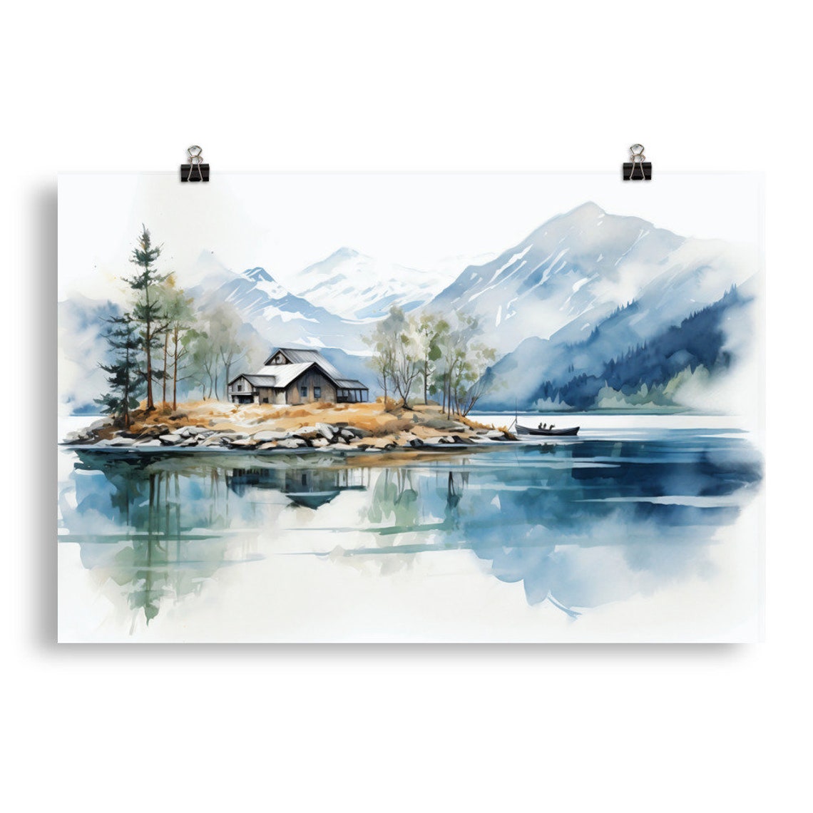 Mountain Lake Cabin Snowy Peaks Reflection Watercolor Poster - Image 5