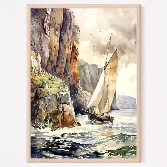 Irish Cliffs With Boat Sailing Watercolor Art Print