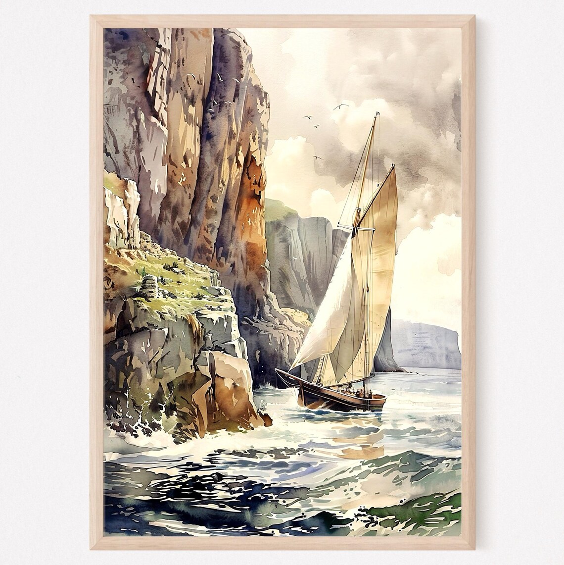 Irish Cliffs With Boat Sailing Watercolor Art Print