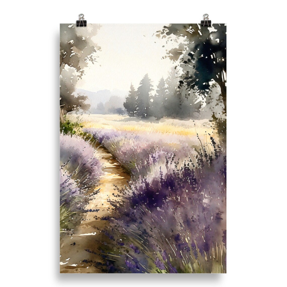 Lavender Path Sunrise Countryside Watercolor Nature Art Poster - Image 5