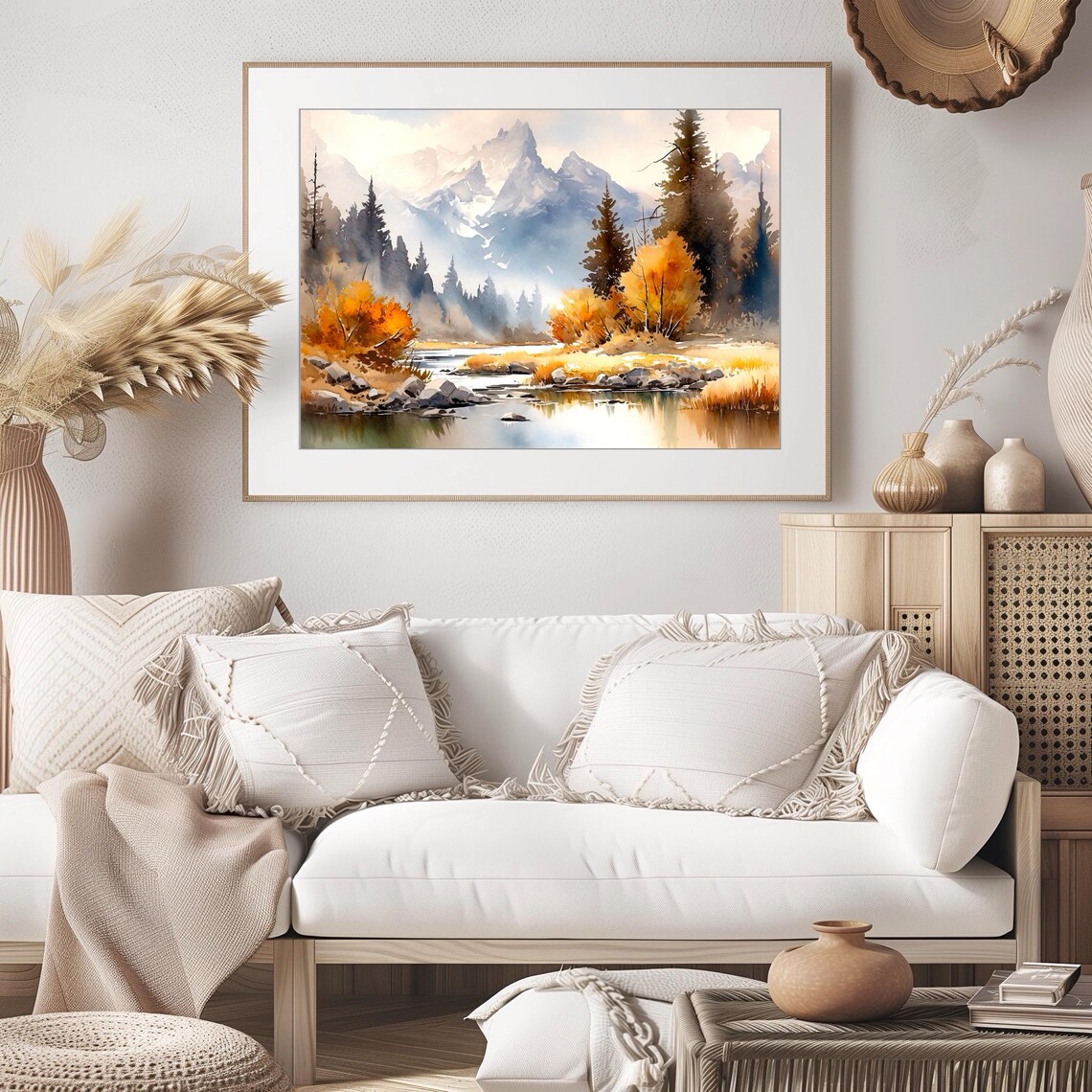 Autumn Mountain Lake Rocky Shoreline Snow Peaks Watercolor Nature Poster - Image 2