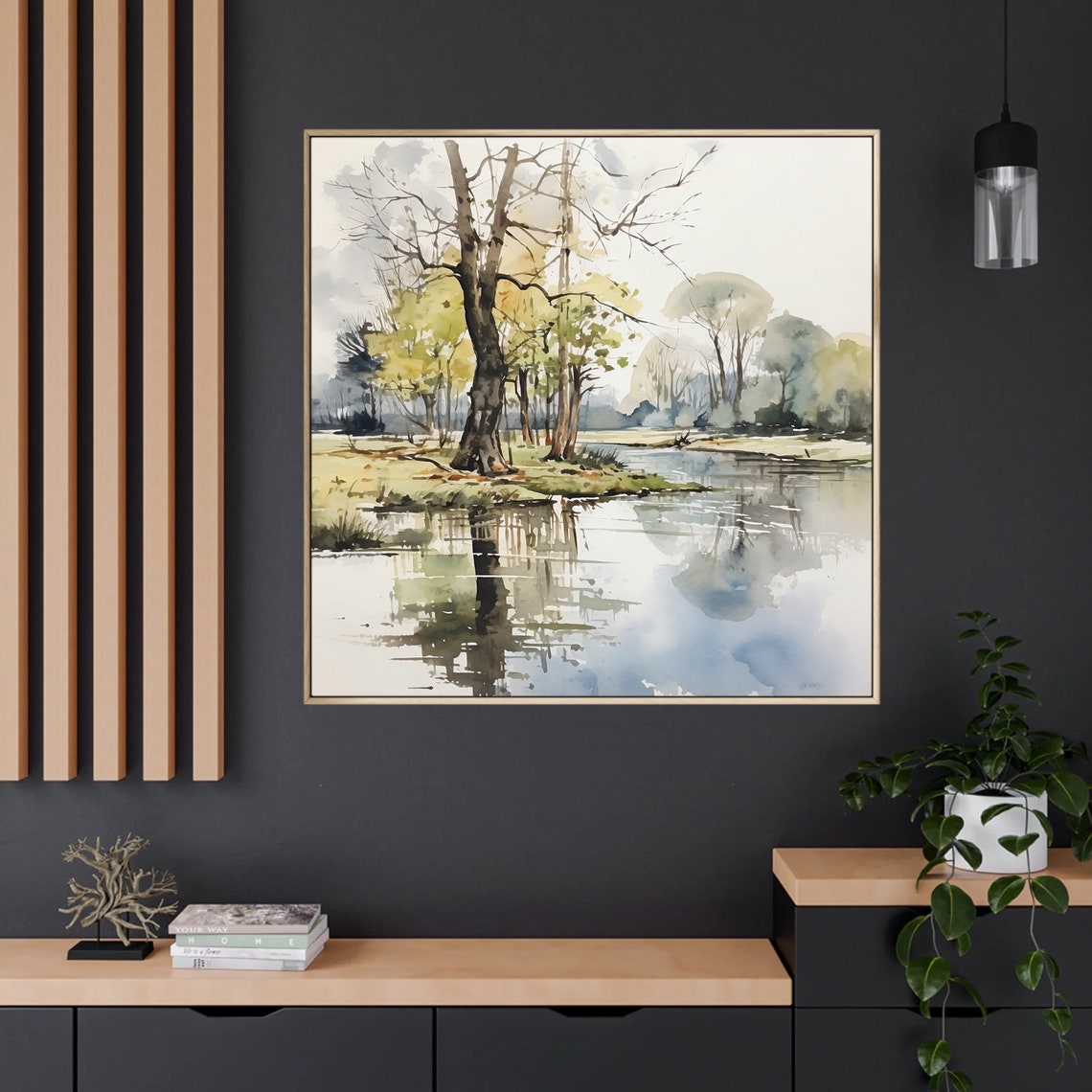 Still Lake Tree Reflection Calm Water Watercolor Minimal Art Print - Image 3