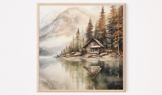 Forest Cabin Painting Mountain Lake Print Landscape Watercolor Painting Large Minimalist Wall Art Home Decor Gift