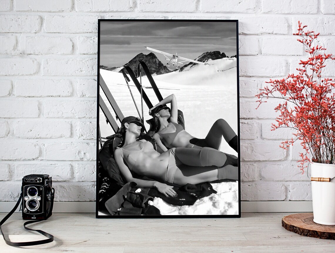 Vintage Bikini Ski Girls Black and White Ski Poster - Image 2