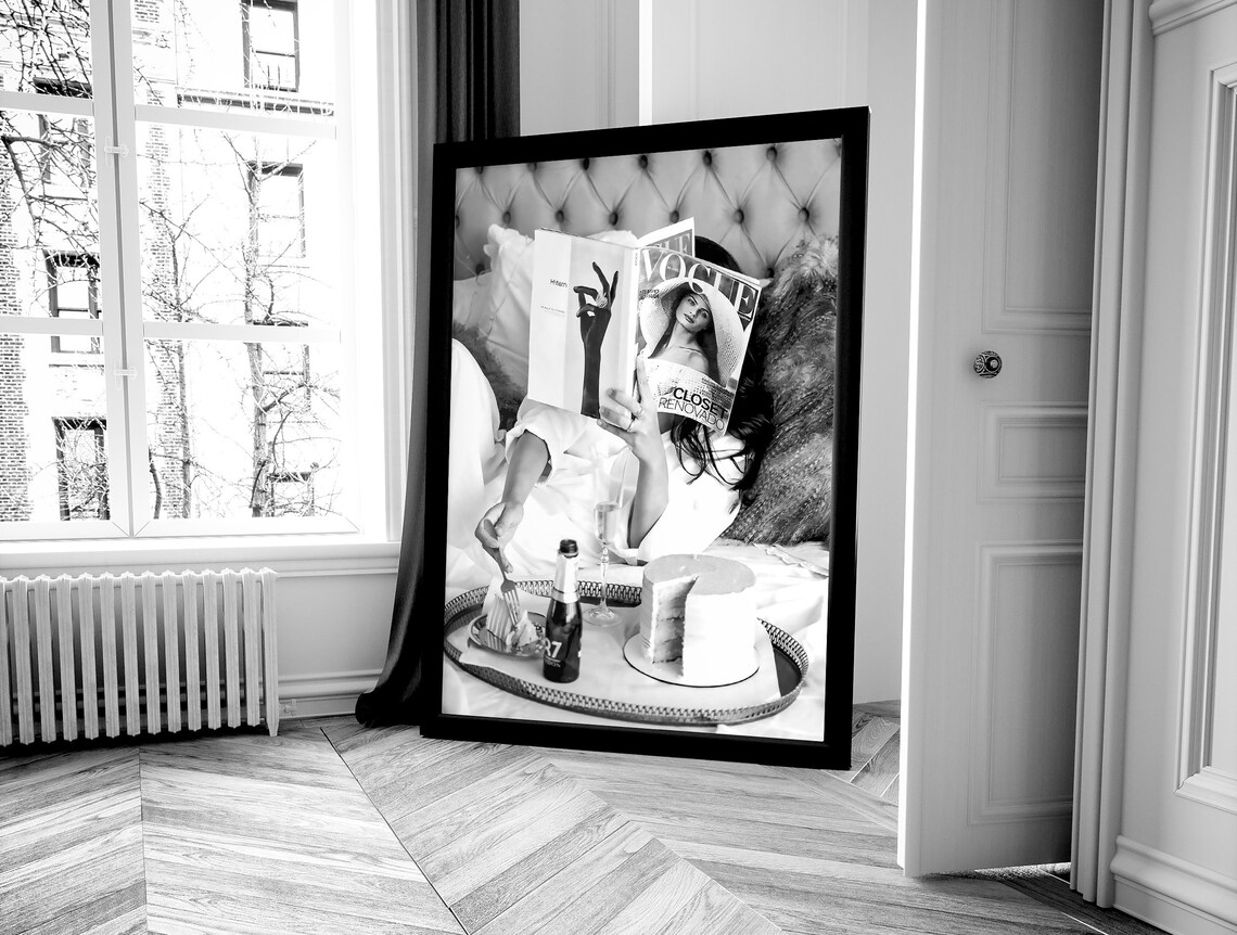 Woman Reading Vogue Magazine in Bed Black and White Photo Poster - Image 4