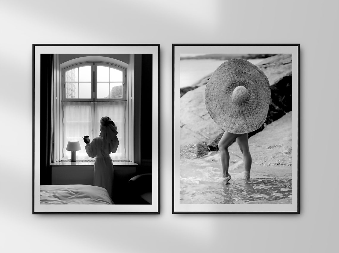 Woman in Robe Drinking Coffee by Window Black and White Photo Poster - Image 2
