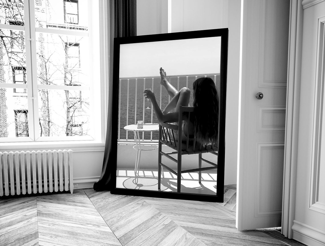 Woman Drinking Wine In Beach Print Bar Cart Poster Black And White Vintage Photography Fashion Wall Art Hypebeast Room Decor - Image 2