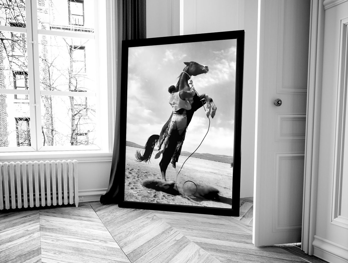 Cowboy Rearing Horse Rodeo Black White Western Action Poster - Image 4