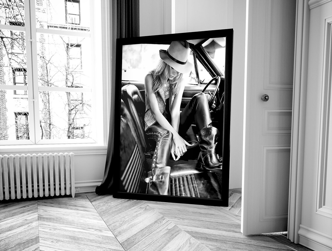 Cowgirl In Hat Sitting In Classic Car Leather Boots Fashion Poster - Image 4