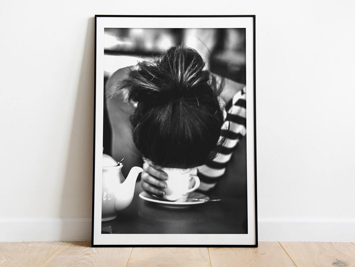Morning Coffee Messy Bun Funny Black White Kitchen Humor Poster - Image 3