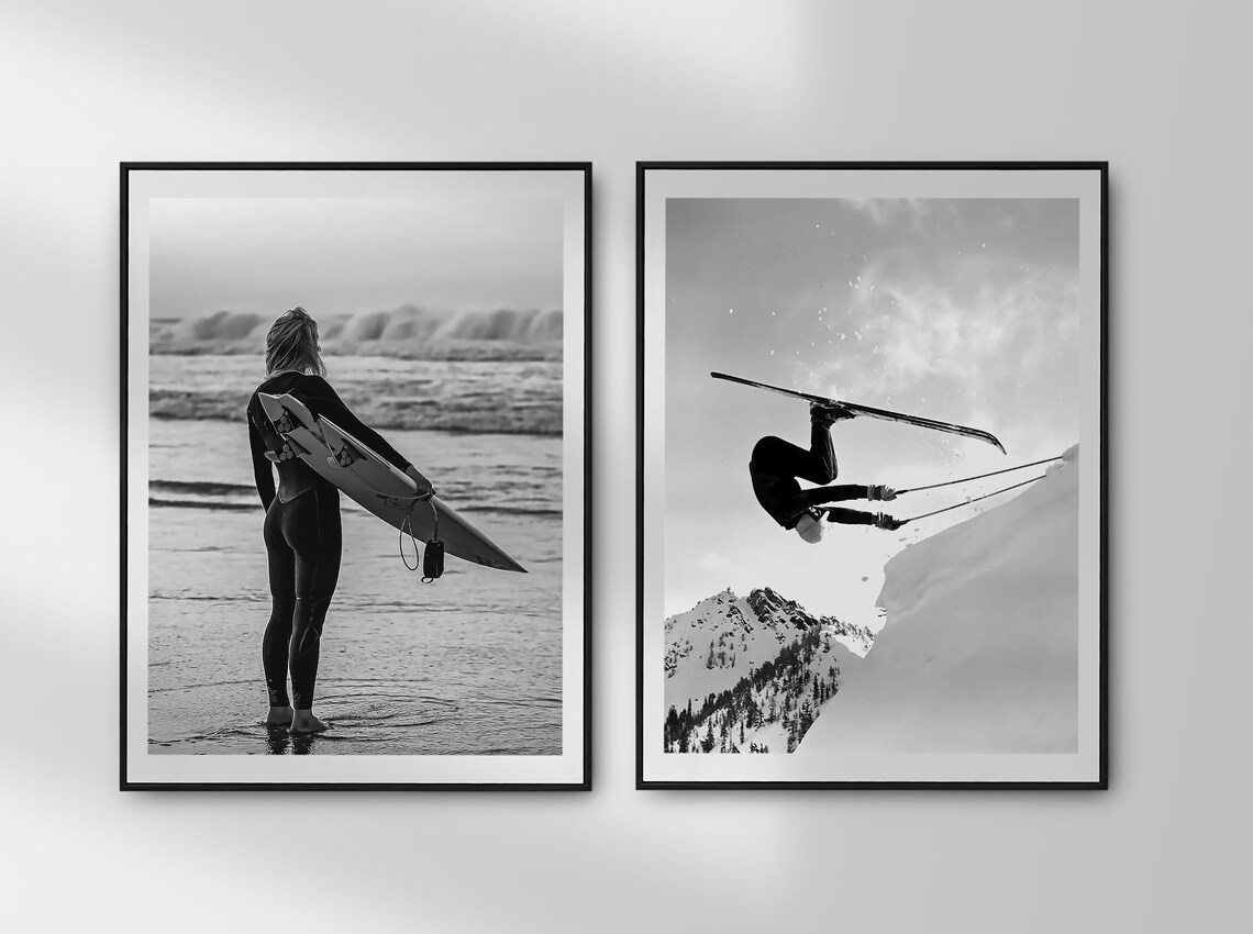 Skier Mid Air Backflip Off Snow Cliff Vintage Black White Action Poster - Image 2