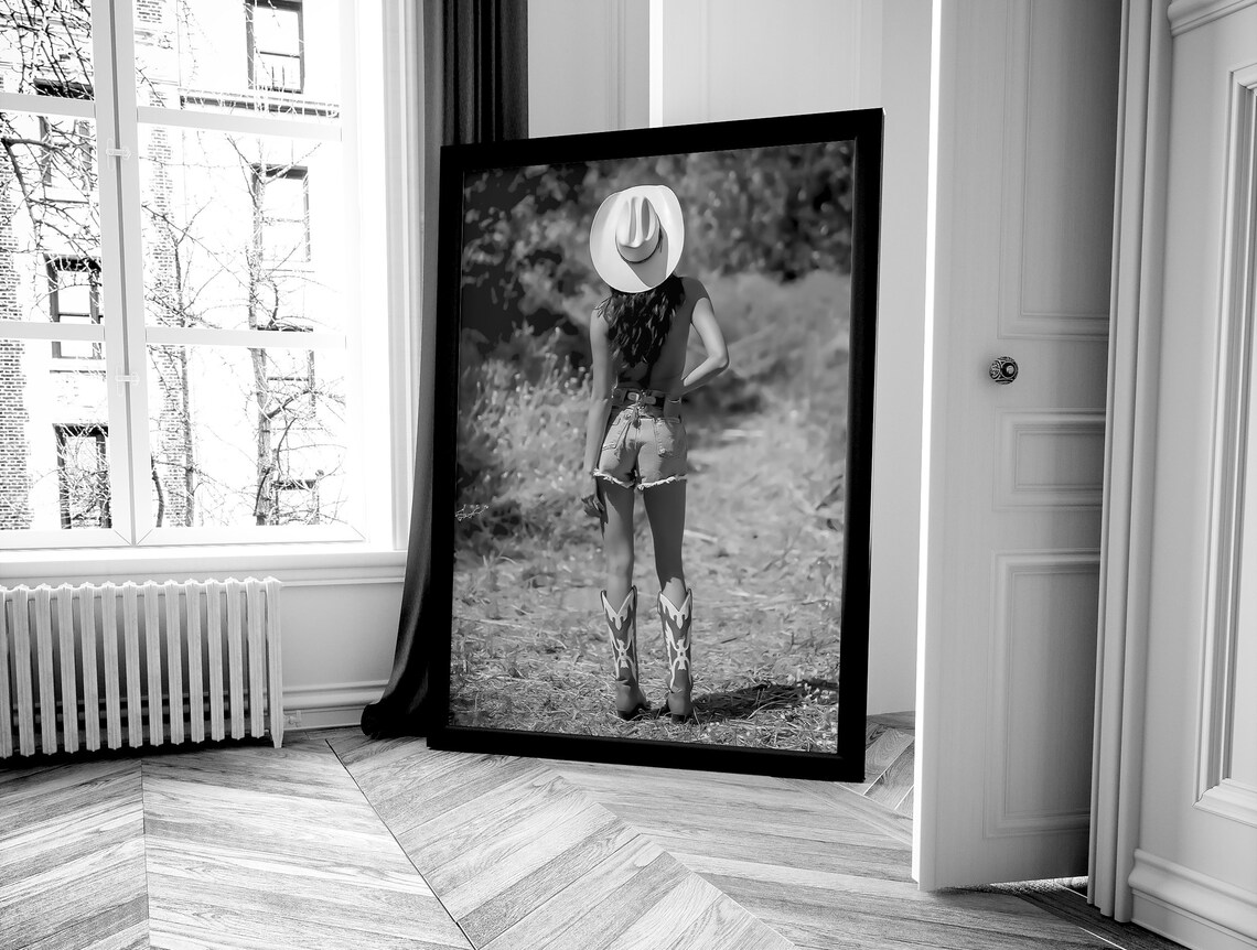 Retro Western Cowgirl Decor, Black and White Poster - Image 4