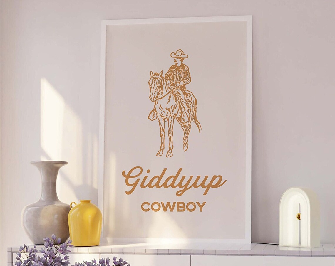 Giddyup Cowboy Gold Line Art Western Horse Rider Vintage Poster