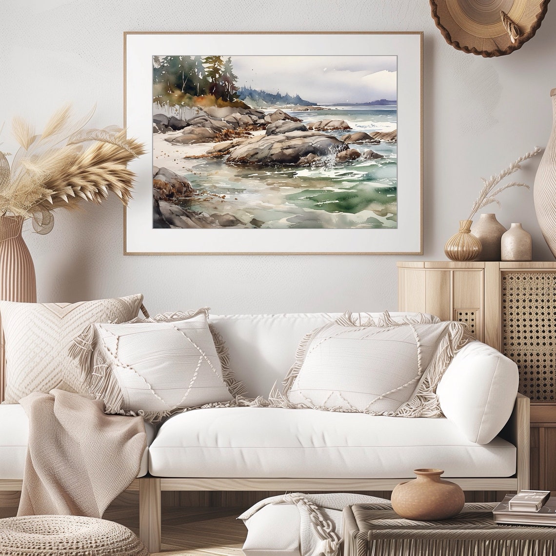 Rocky Shore Waves Crashing on a Pine Coast Watercolor Poster - Image 3