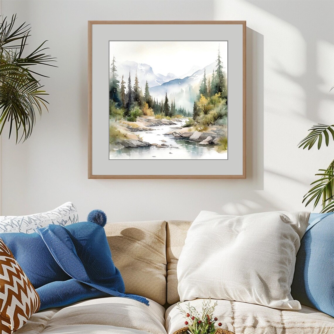 Mountain River Pine Forest Watercolor Landscape Nature Art Print - Image 2