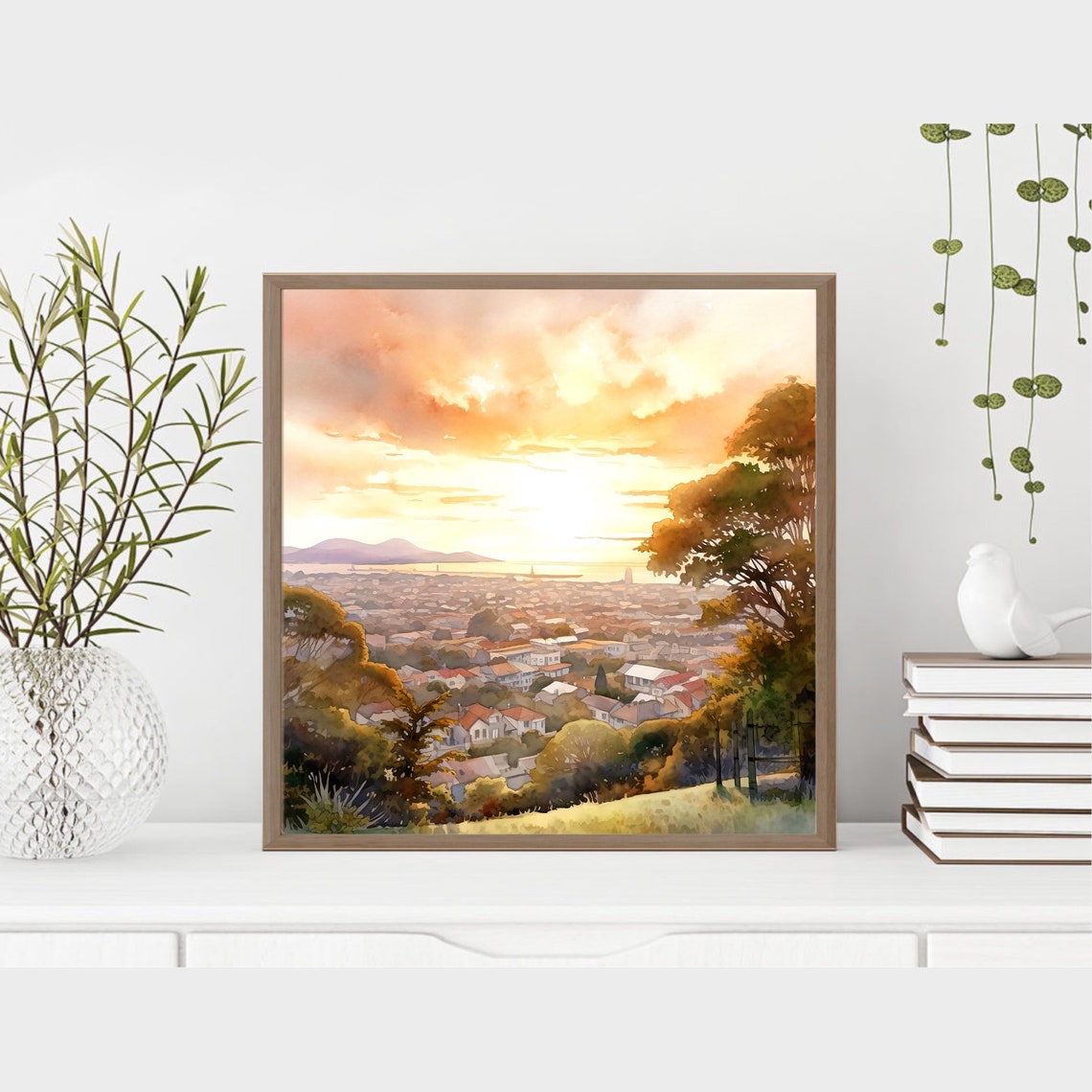 Hilltop Sunset View Overlooking a Sleepy Town Watercolor Poster - Image 4