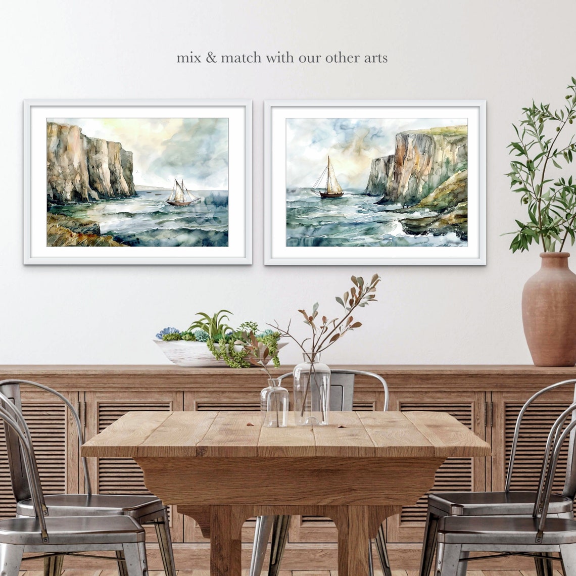 Sailboat Sailing Past Tall Pale Cliffs Watercolor Nautical Poster - Image 3