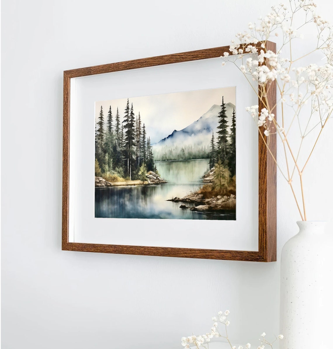 Misty Lake Pine Trees Mountain Haze Watercolor Serene Art Print - Image 4