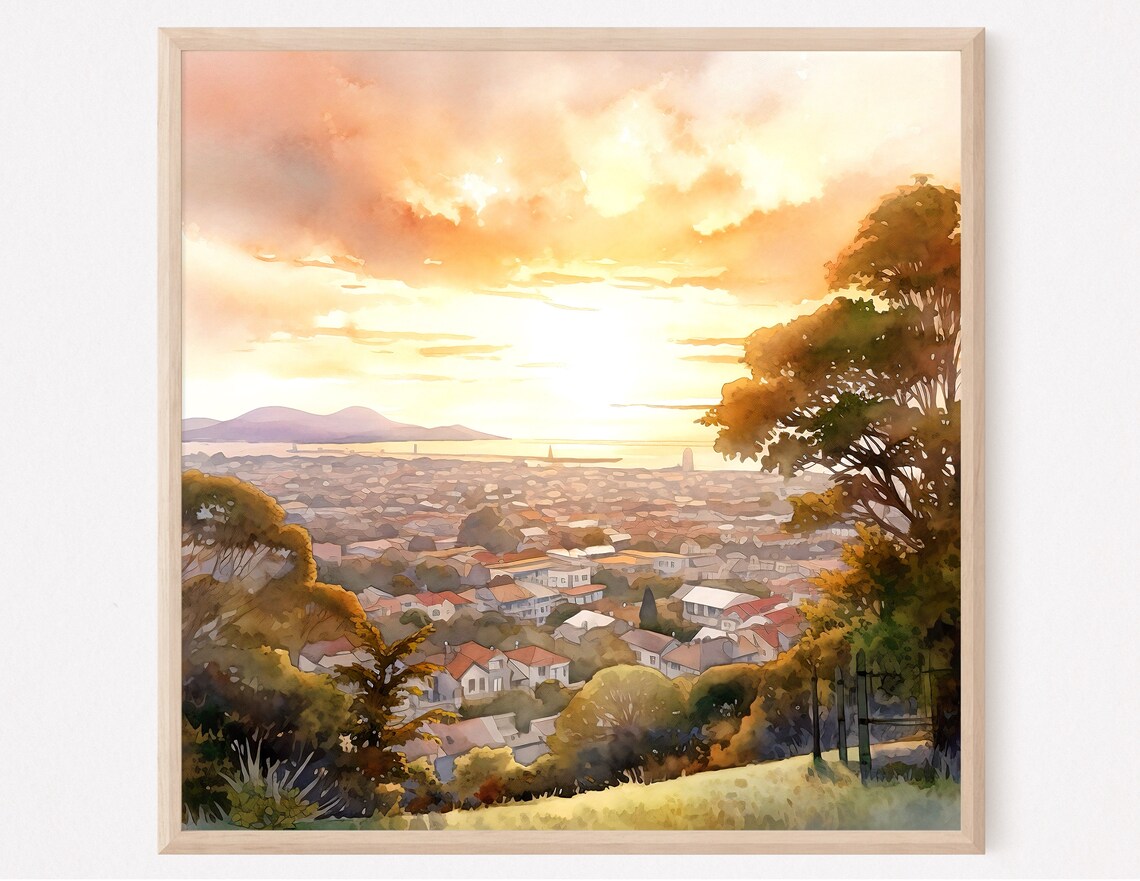 Hilltop Sunset View Overlooking a Sleepy Town Watercolor Poster