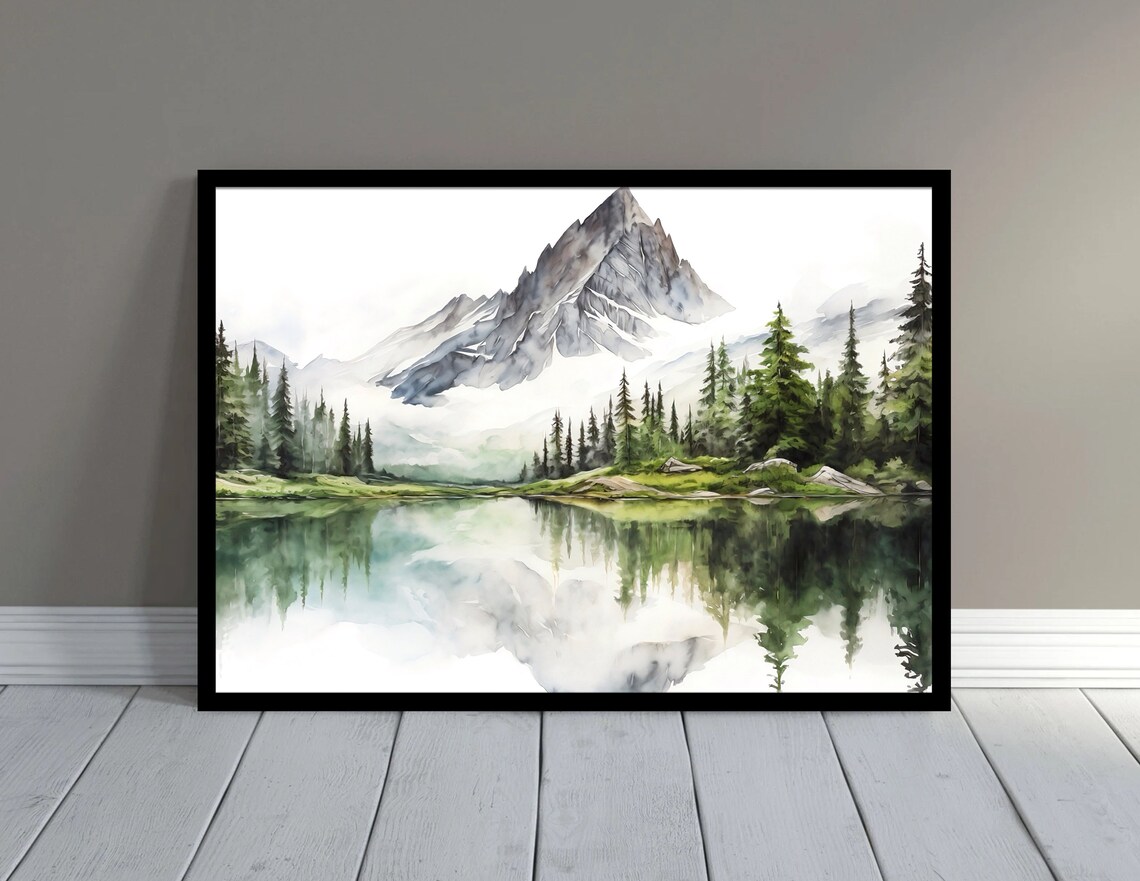 Mountain Lake Reflection Watercolor with Pines and Jagged Peak Poster - Image 3