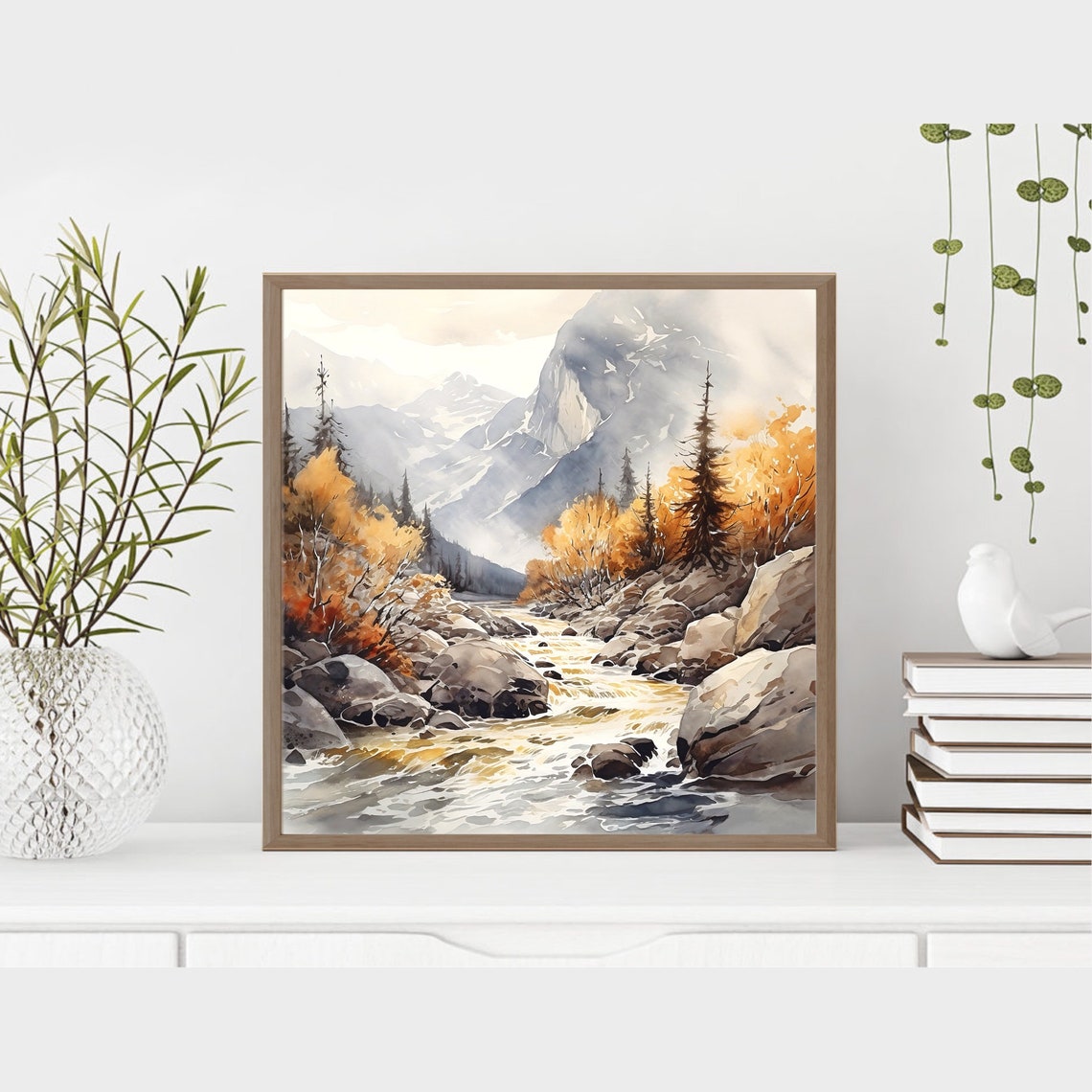 Mountain Stream Autumn Foliage Boulders Misty Watercolor Poster - Image 4