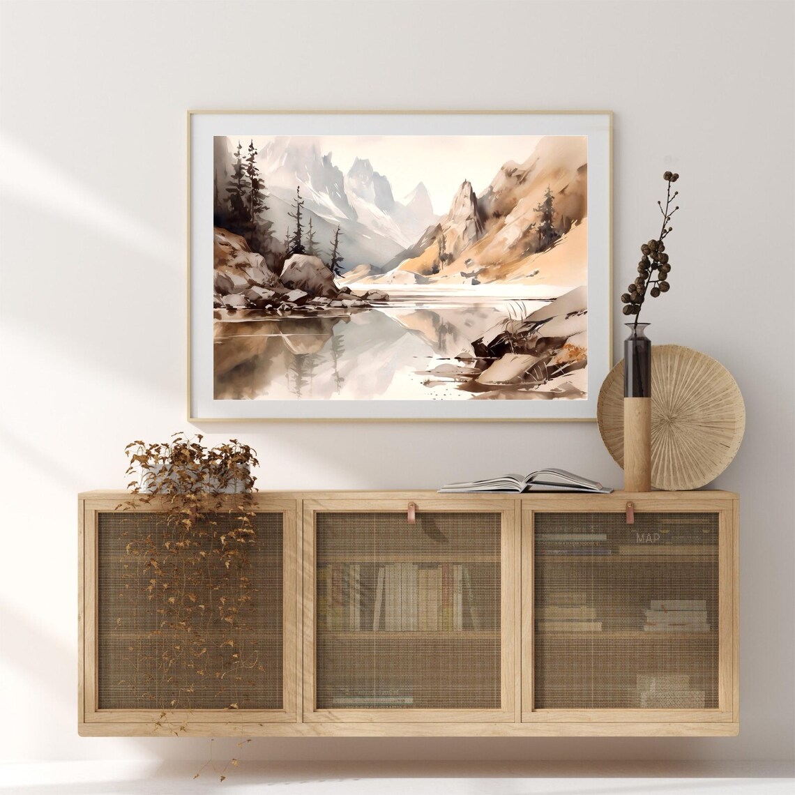 Neutral Mountain Lake with Snowy Peaks Watercolor Landscape Poster - Image 4
