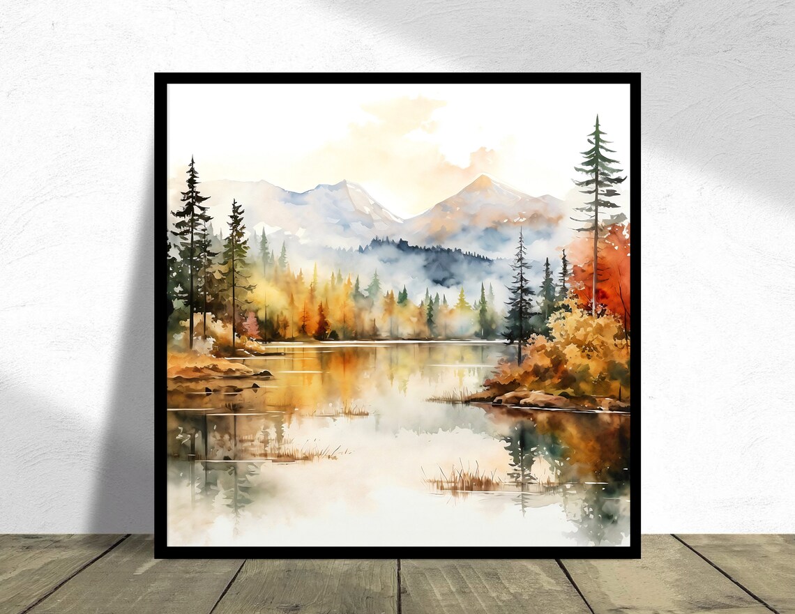 Autumn Lake Golden Foliage Mountain Reflection Watercolor Poster - Image 4
