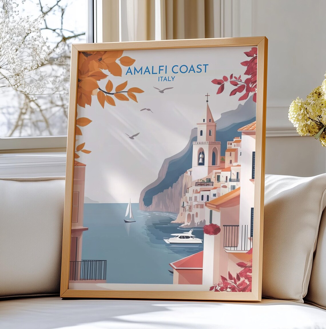 Amalfi Coast Italy Travel Poster with Cliffside Village and Boats