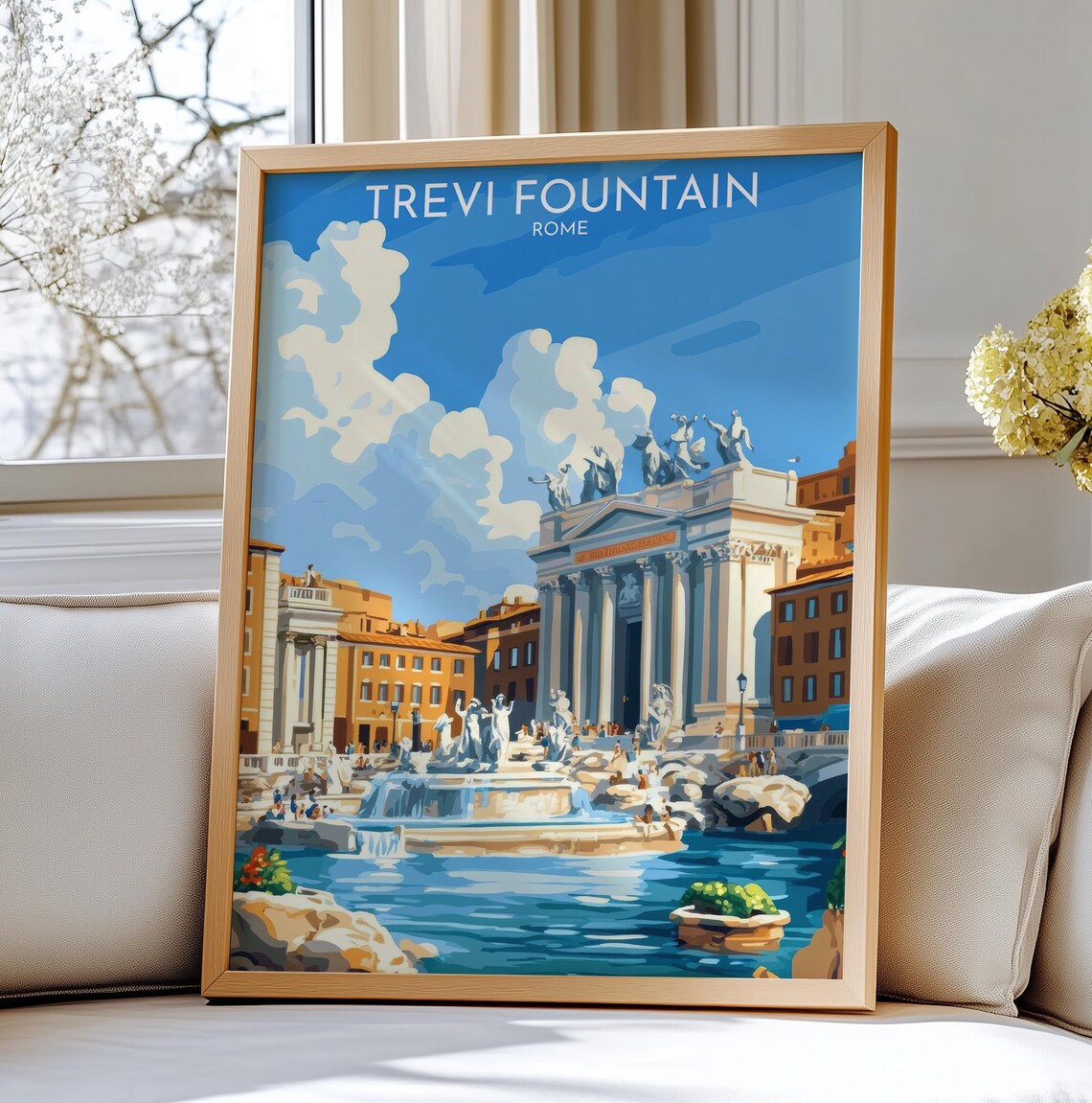 Trevi Fountain Rome Blue Sky Vintage Travel Poster City View