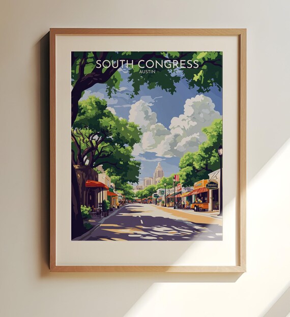 South Congress Austin Texas Travel Poster Tree Lined Street Skyline Art