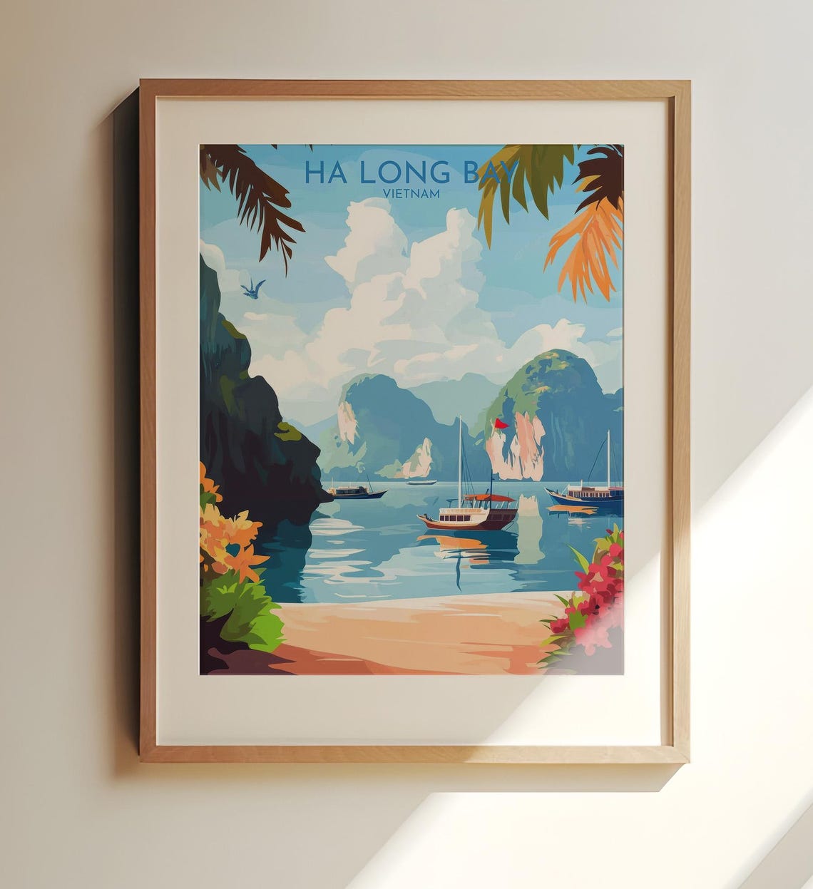 Ha Long Bay Vietnam Beach Boats Palms Retro Travel Art Poster