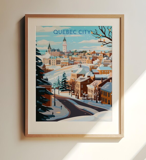 Quebec City Snowy Winter Old Town Travel Illustration Poster