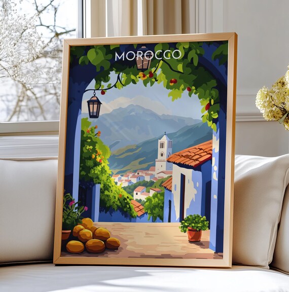 Chefchaouen Morocco Travel Print Art Vibrant Moroccan Cityscape With Blue Streets