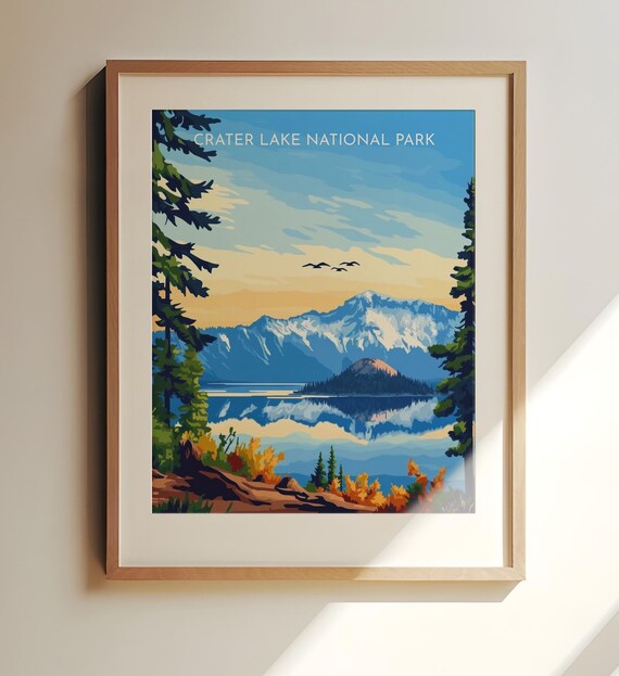 Crater Lake National Park Travel Poster with Wizard Island Reflection