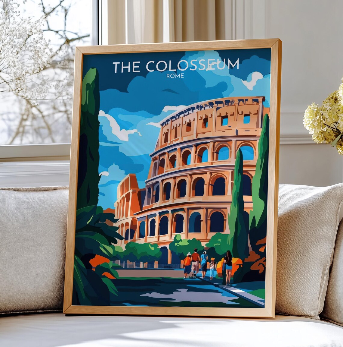 Rome Italy Colosseum Among Cypress Trees Sunny Travel Poster