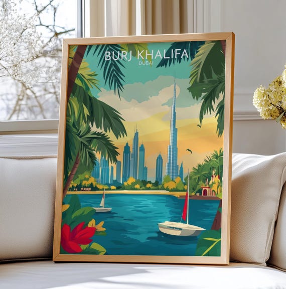 Burj Khalifa Dubai Travel Art Print And Skyline Illustration
