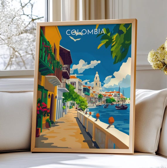 Cartagena Colombia Travel Poster Art Colorful Old Town And Seaside View