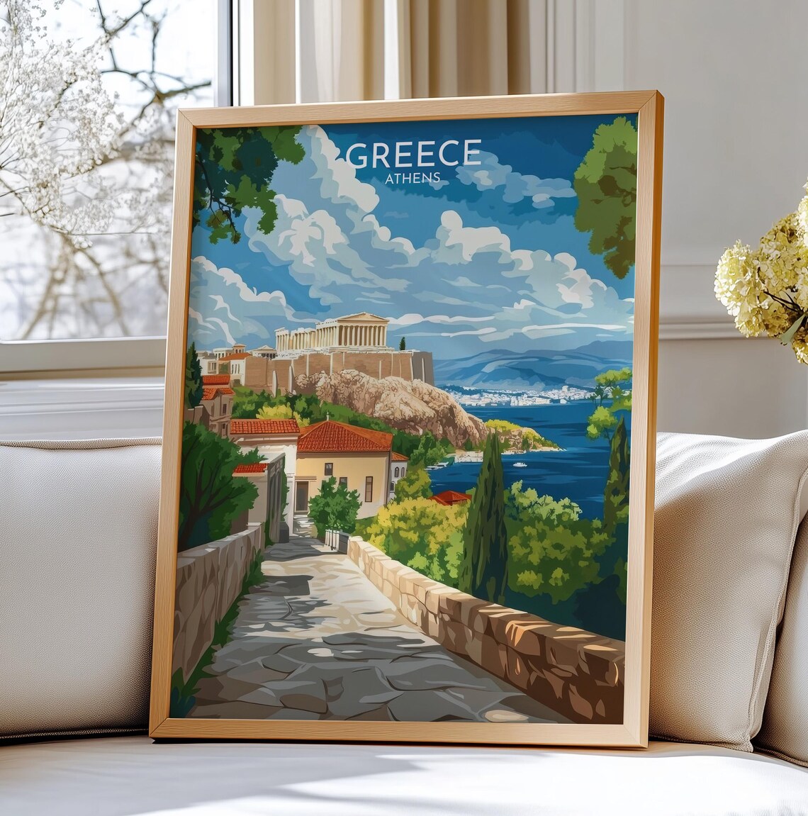 Athens Greece Acropolis Stone Path Hills Vintage Travel Art Poster