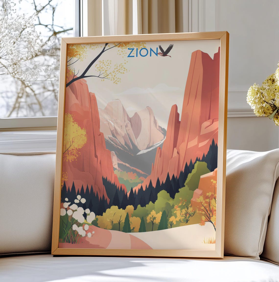 Zion National Park Red Cliffs Canyon Vintage Travel Art Poster