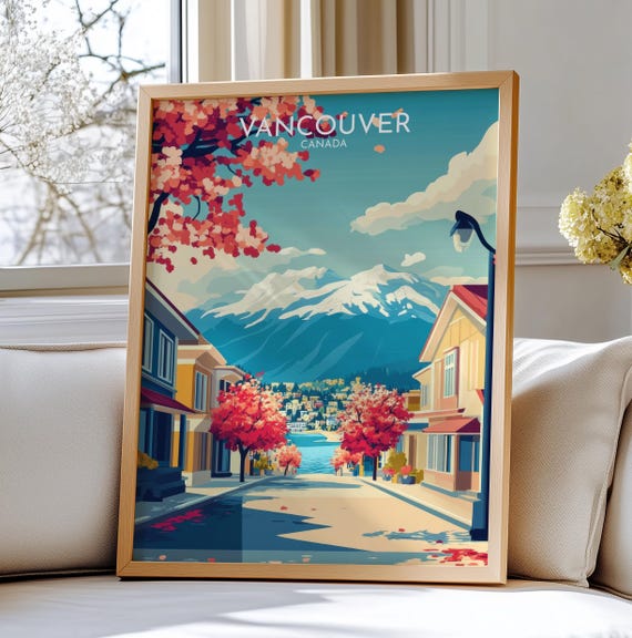 Vancouver Canada Travel Art Wall Print Scenic Street With Cherry Blossoms And Mountains