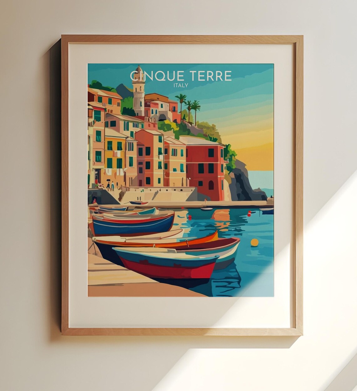 Cinque Terre Italy Sunset Harbor Boats Cliffside Houses Art Poster