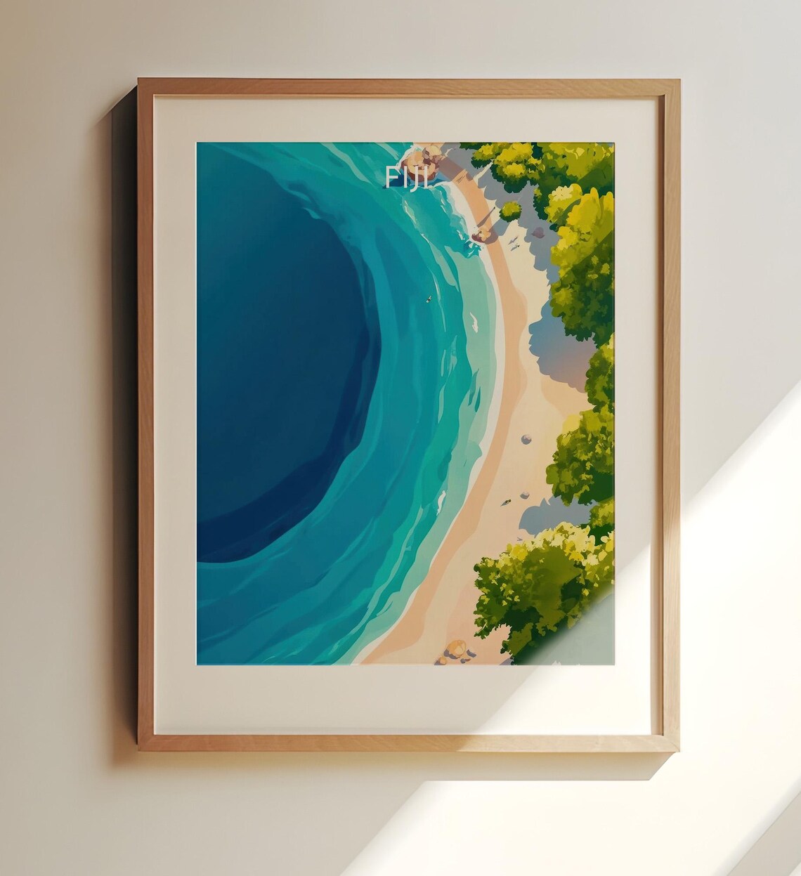 Fiji Aerial Cove Turquoise Waves Palm Trees Vintage Travel Poster