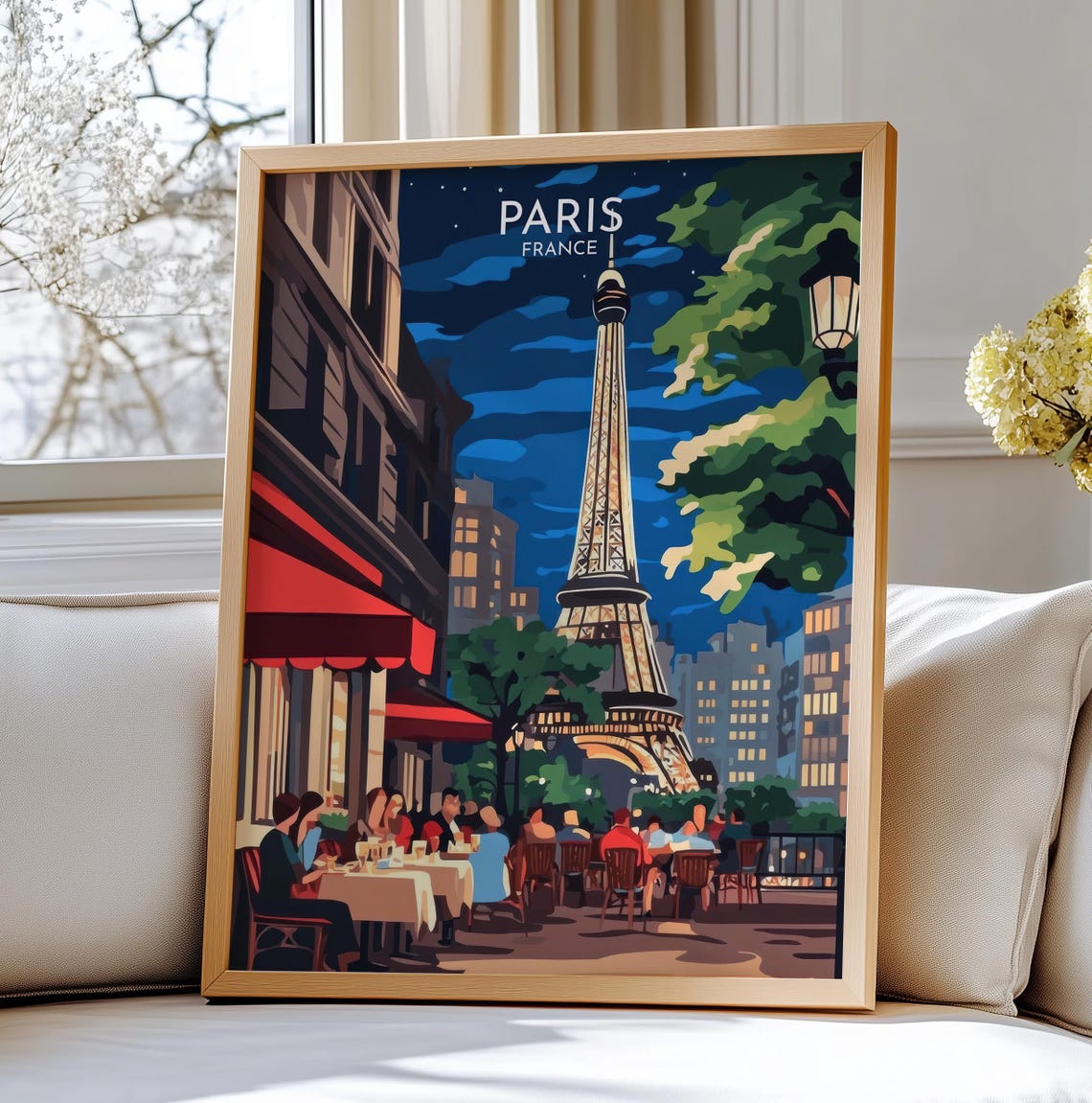 Paris France Night Eiffel Tower Cafe Terrace Evening Travel Print