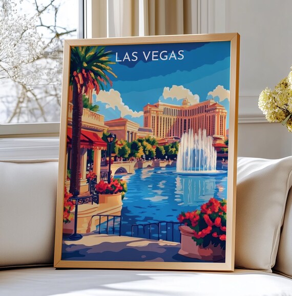 Las Vegas Bellagio Fountains Resort Palm Travel Illustration Poster