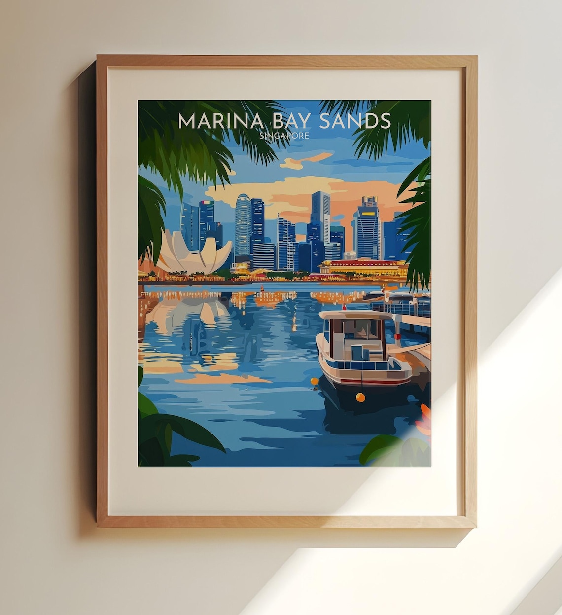 Marina Bay Sands Singapore Sunset Harbor Retro Travel Poster