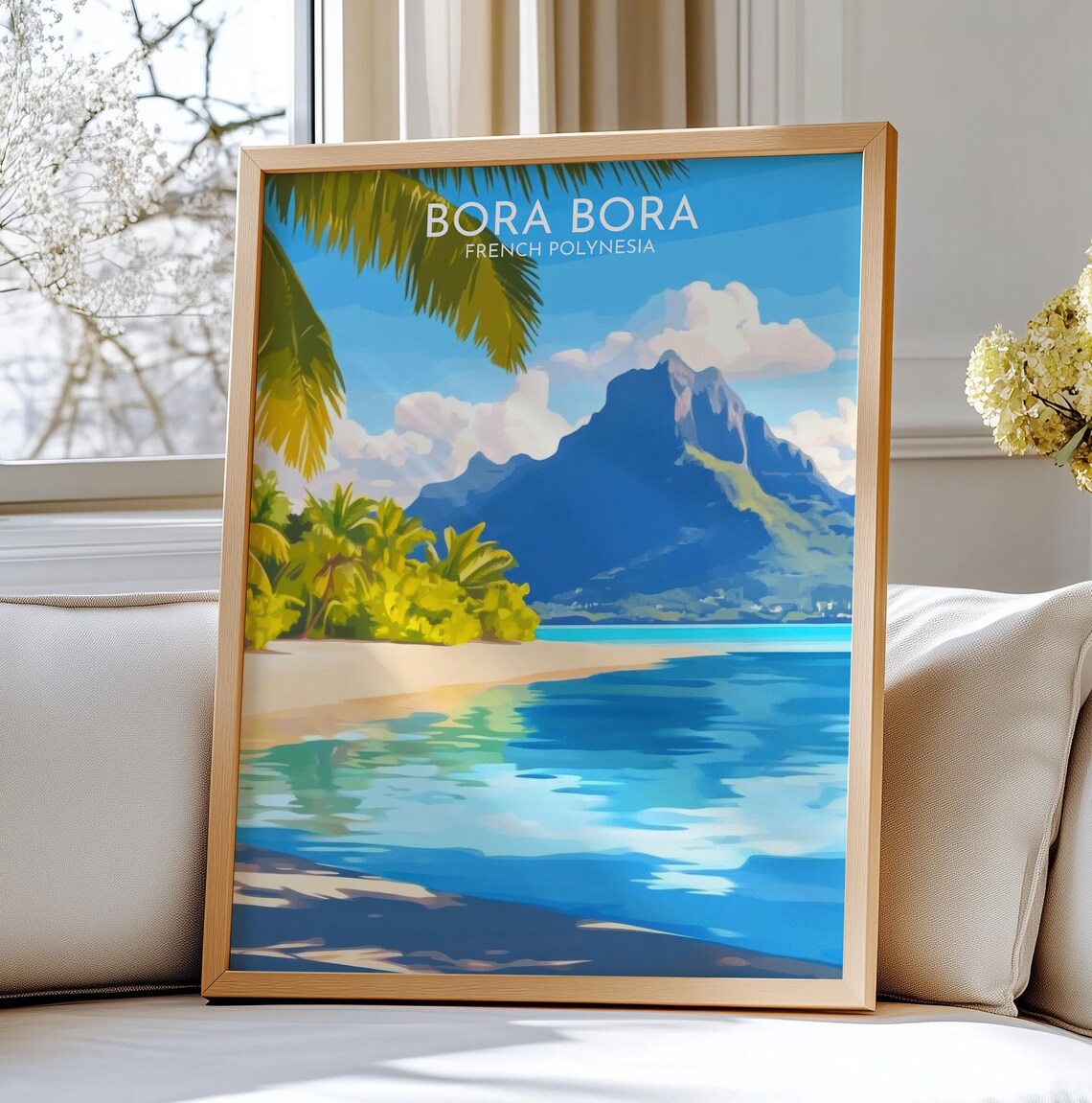 Bora Bora French Polynesia Travel Poster with Mount Otemanu Beach