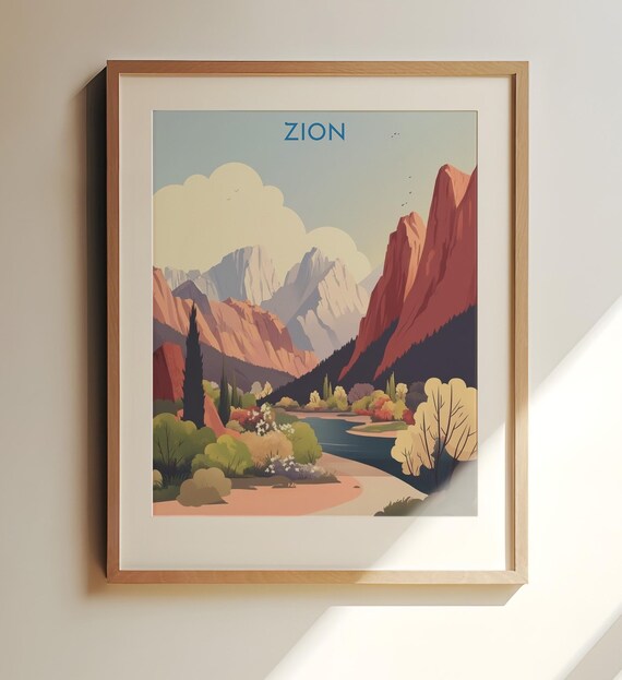 Zion National Park Red Rock Cliffs River Scenic Travel Poster