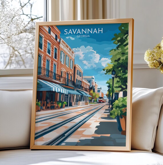 Savannah Georgia River Street Tram Tracks Southern Travel Art Poster